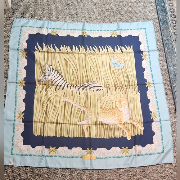 Authentic Salvatore Ferragamo Animal Print Silk Scarf with Zebra and Cheetah - Picture 3 of 9